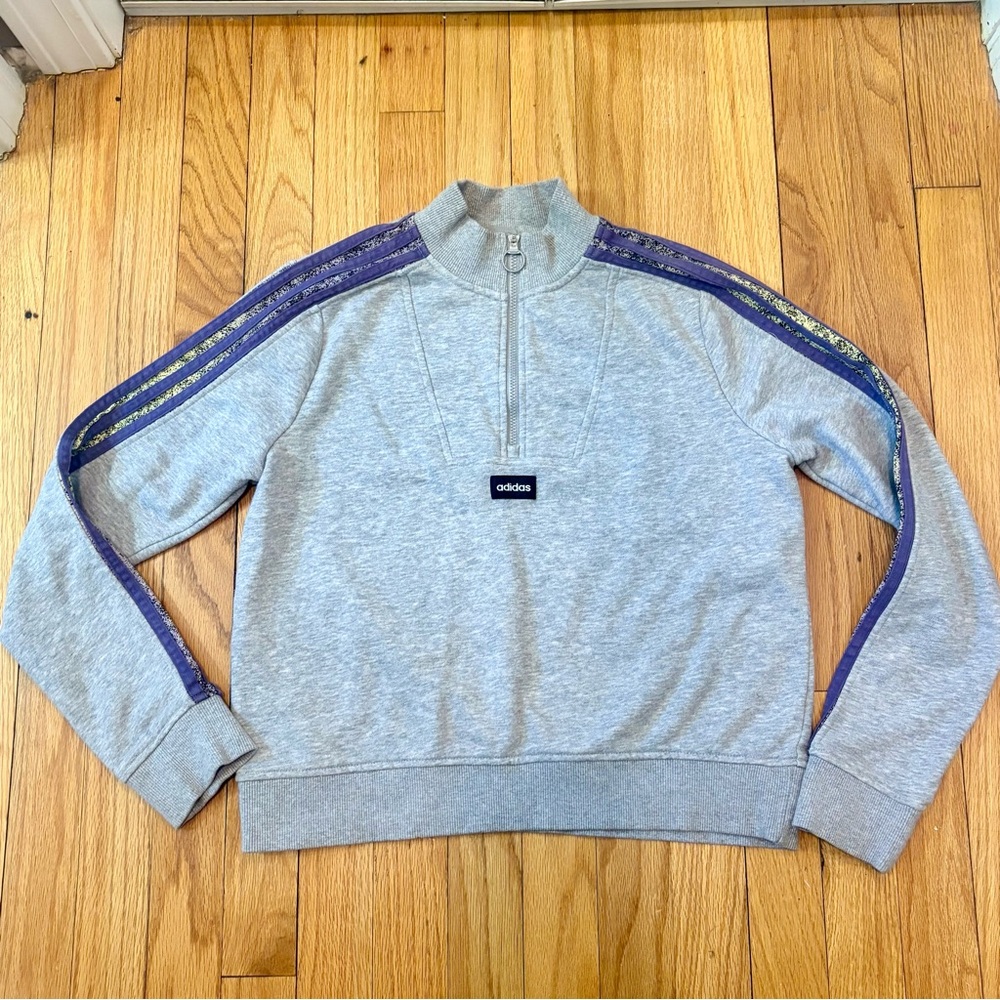✨ ADIDAS ✨ Cropped Gray Quarter Zip Sweatshirt Purple Velvet Stripes Size XS
